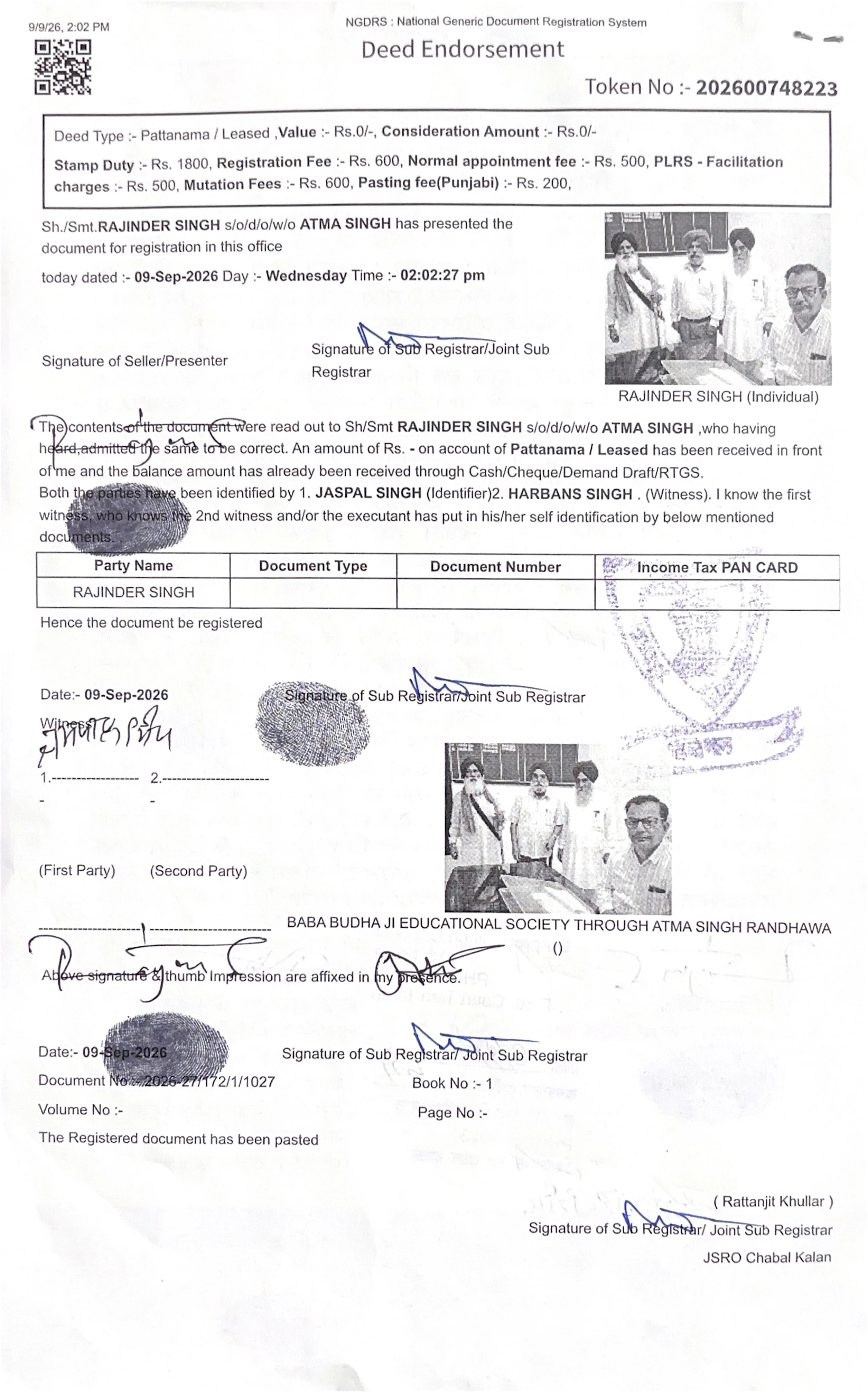 Registered Lease Deed Page 8 Sri Guru Harkrishan Khalsa High School Pandori Rehmana Tarn Taran